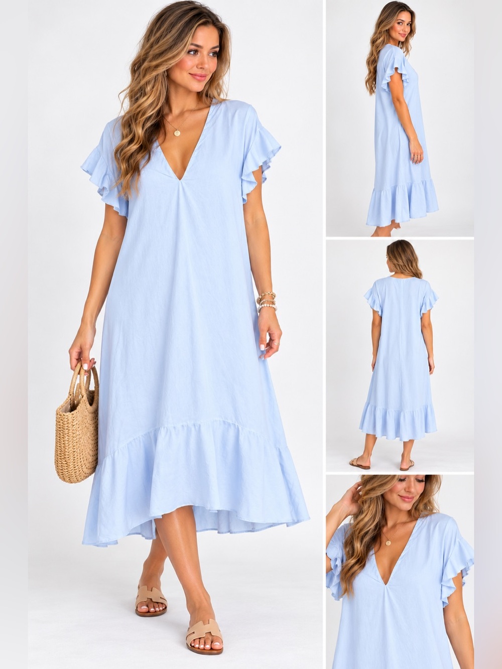 ZARA Trafaluc Baby Blue Ruffle Sleeve V Neck Midi Dress with Pockets M